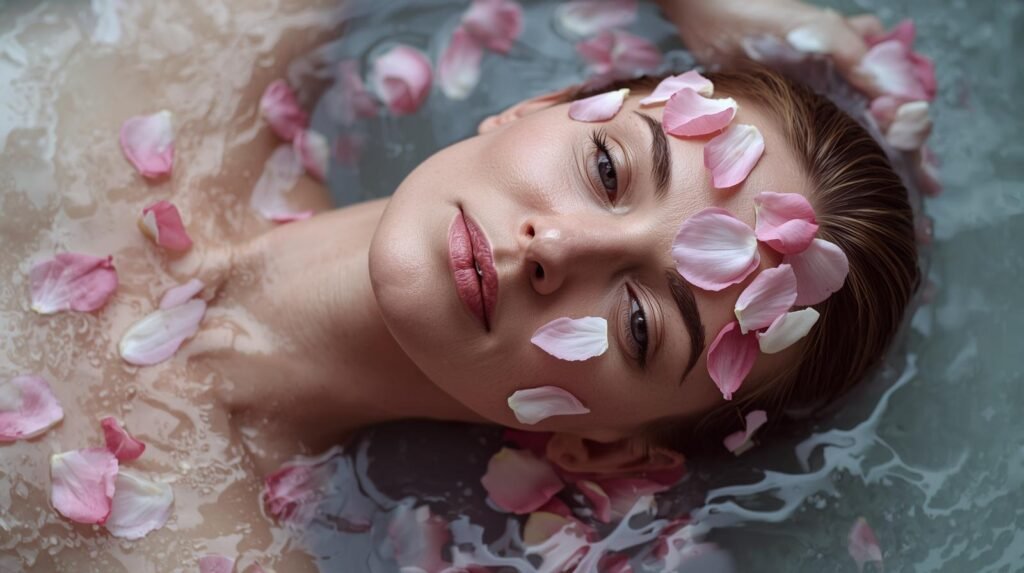autocuidado-self-care-para-a-pele-madura-mulher- tomando -banho -com -pétalas de rosas