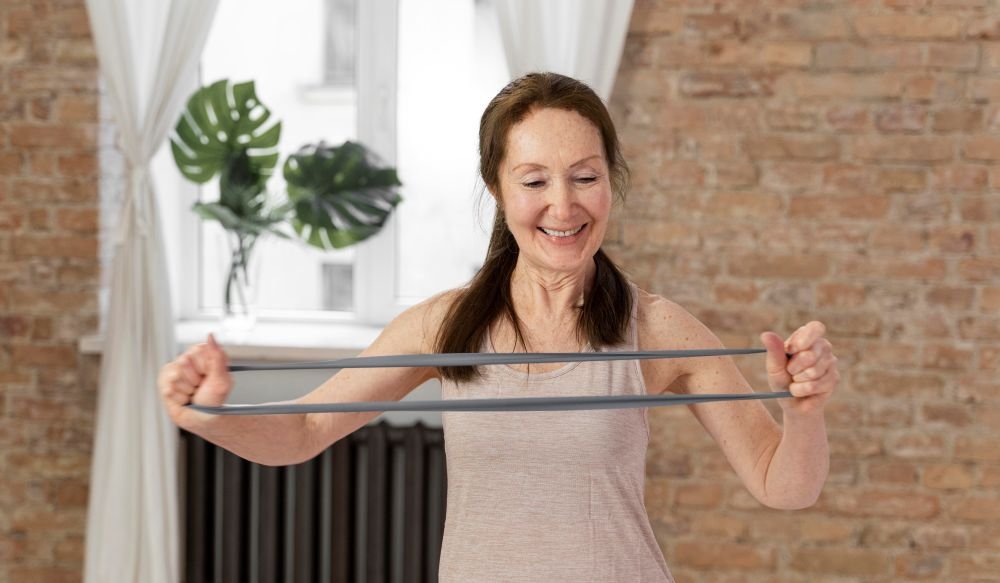 Menopausa: Como evitar a perca de massa óssea, controlar o peso e ganhar vitalidade com Exercício Físico- mulher praticando exercício físico com elástico