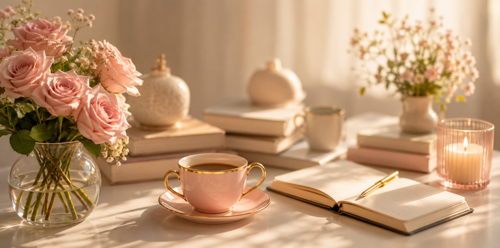 imagem de mesa elegante com chá livros e flores com iluminação convidativa a leitura