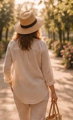 uma mulher de costa ,usando roupas elegantes básicas chapeu e bolsa, por uma estrada longa e florida, assim como deve ser a sua vida