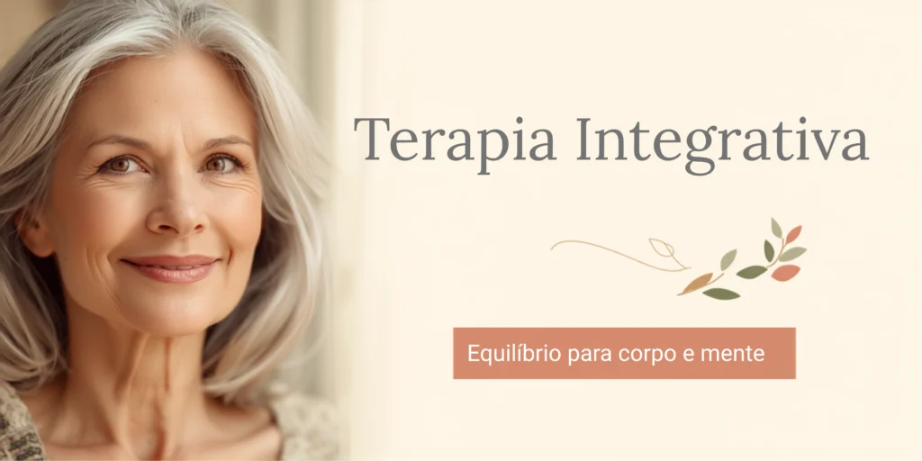 Banner sobre Terapia Integrativa, ao fundo uma mulher de aparência saudável e elegante, representando a importância de Terapia Integrativa na menopausa