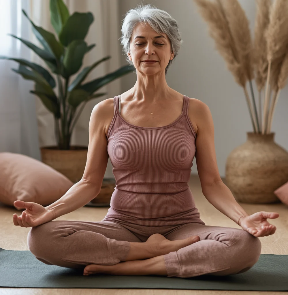 mulher madura em ambiente tranquilo praticando meditação como terapia alternativa na menopausa