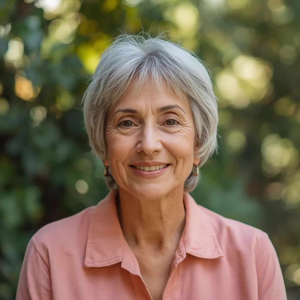 Mulher madura sorridente na natureza,  ela utiliza as Terapias Alternativas na Menopausa, 