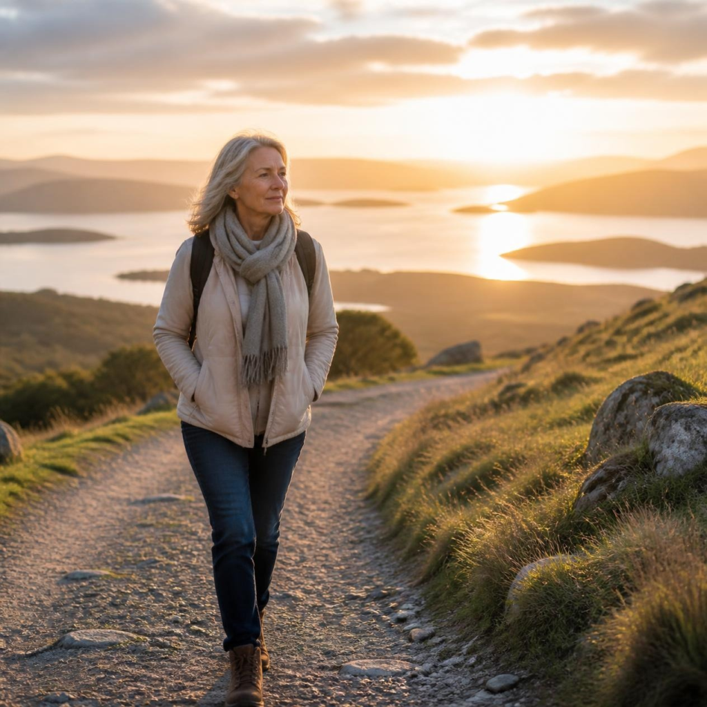 "Mulher madura em caminhada terapêutica ao nascer do sol, representando autocuidado e conexão com a natureza na terapia integrativa"