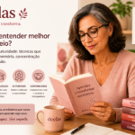 imagem gerada por IA uma mulher madura, em um ambiente com varios livros, e algumas informações sobre como entender melhor o que leio.