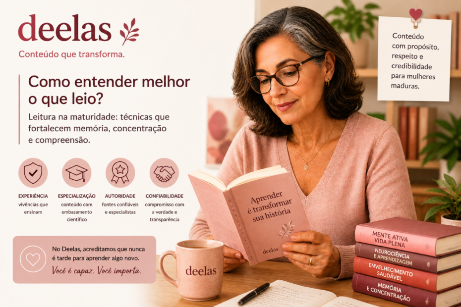 imagem gerada por IA uma mulher madura, em um ambiente com varios livros, e algumas informações sobre como entender melhor o que leio.