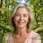 mulher madura sorridente na natureza, ela utiliza i método de terapia alternativa na menopausa