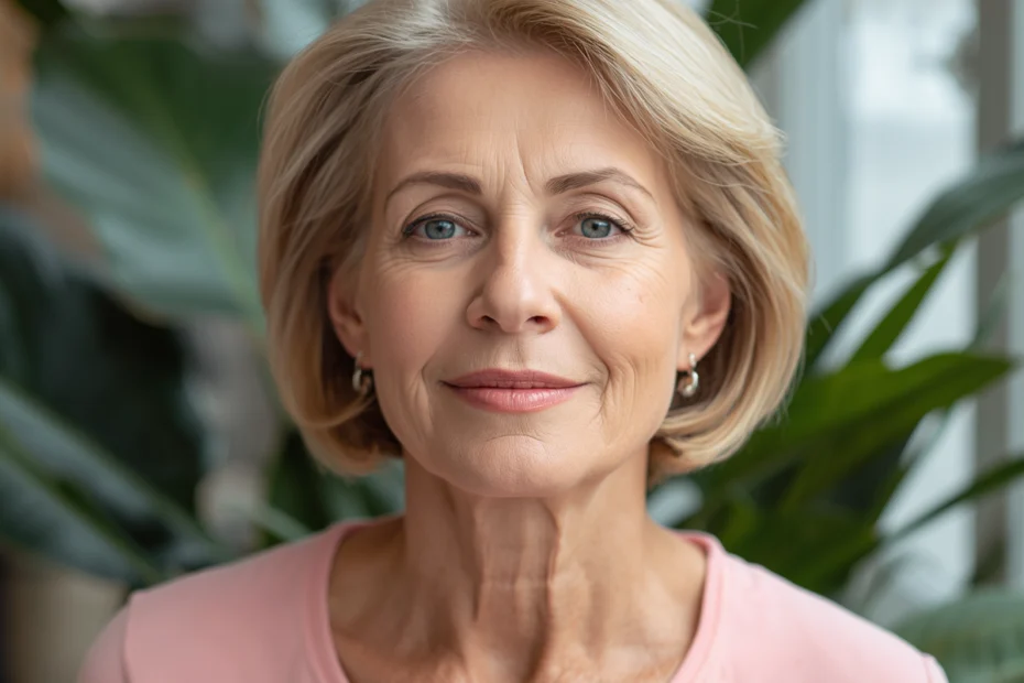 imagem de mulher madura, em menopausa, que faz uso de terapias integrativas na menopausa possui aparência saudável e tranquila