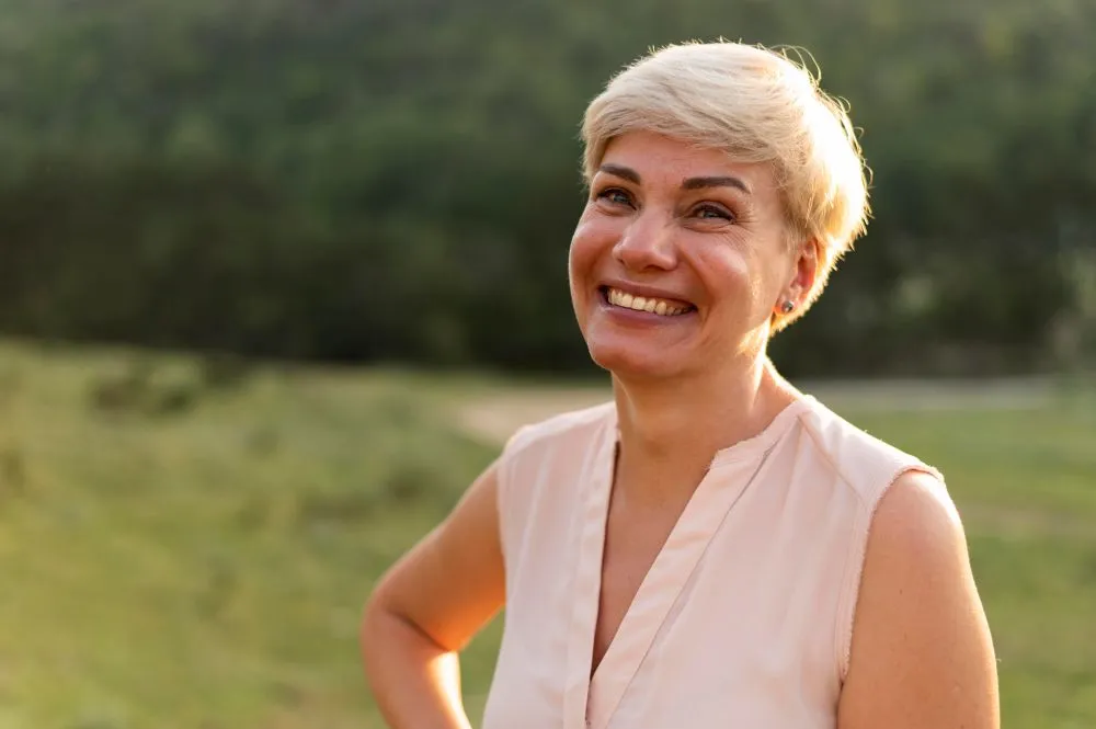 mulher madura na menopausa, sorridente ao ar livre